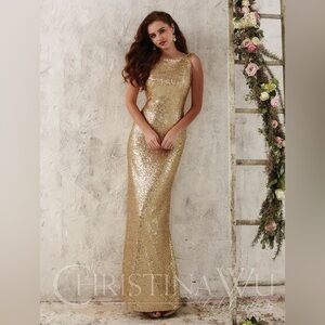 Christina Wu Celebration Gold Sequin Prom Dress Gown Open Back Sz 6 Style 22704